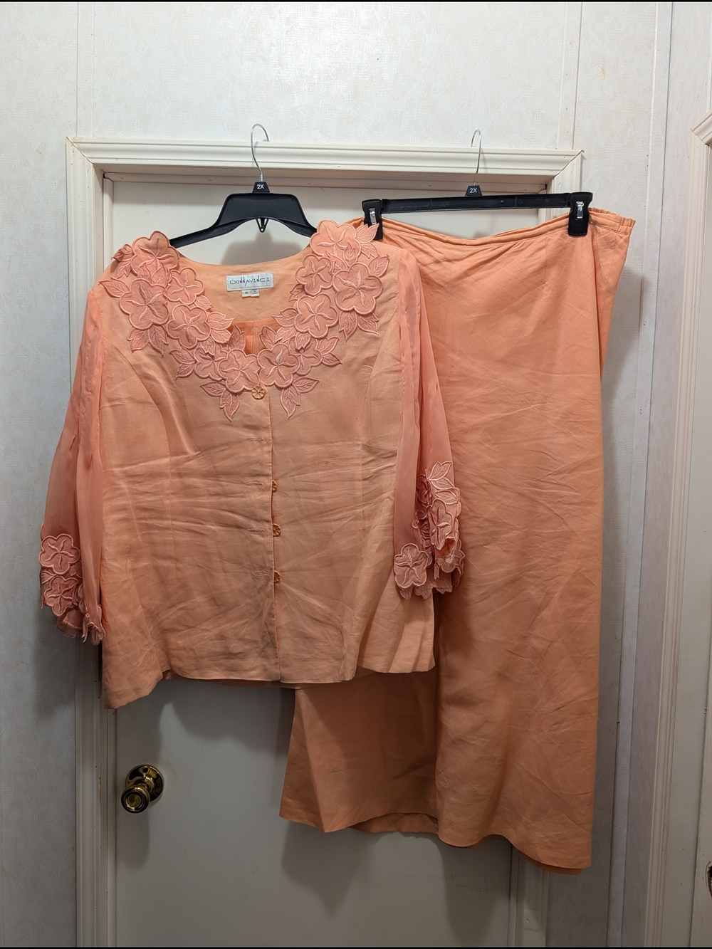 Coldwater Creek Peach Floral Embroidered Two-Piece Skirt Set